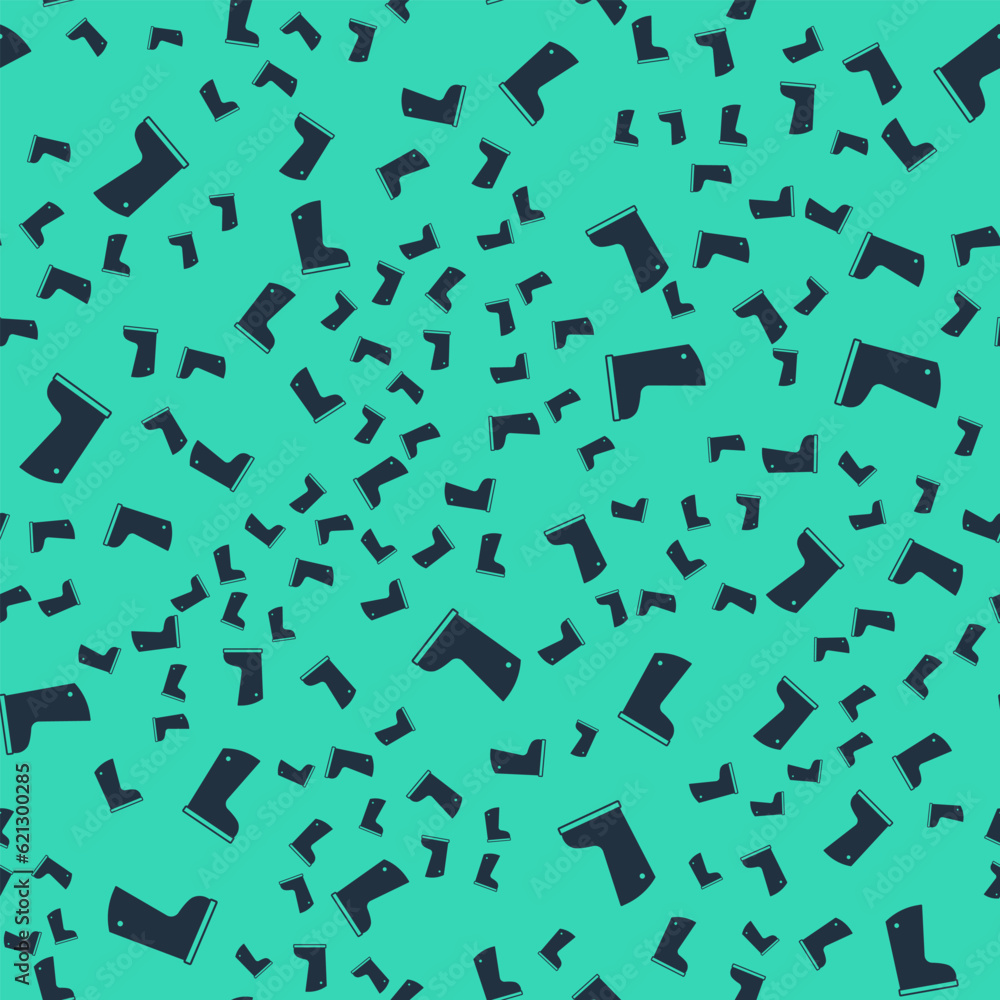 Black Waterproof rubber boot icon isolated seamless pattern on green background. Gumboots for rainy weather, fishing, gardening. Vector Black Waterproof rubber boot icon isolated seamless pattern on green background. Gumboots for rainy weather, fishing, gardening. Vector