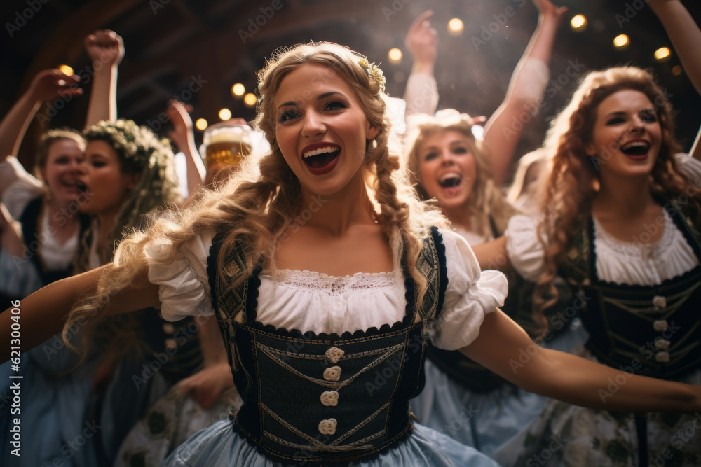 Oktoberfest waitress having fun and dancing at a beer festival event wearing a traditional costume