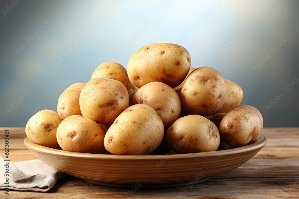 Plate with raw potatoes on a light background, providing space for text. Generative Ai. Plate with raw potatoes on a light background, providing space for text. Generative Ai.