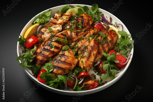 Grilled chicken and vegetable salad with spinach and arugula. Includes paprika, zucchini, eggplant, and tomatoes on a white table background. Captured from a top view. Generative Ai.