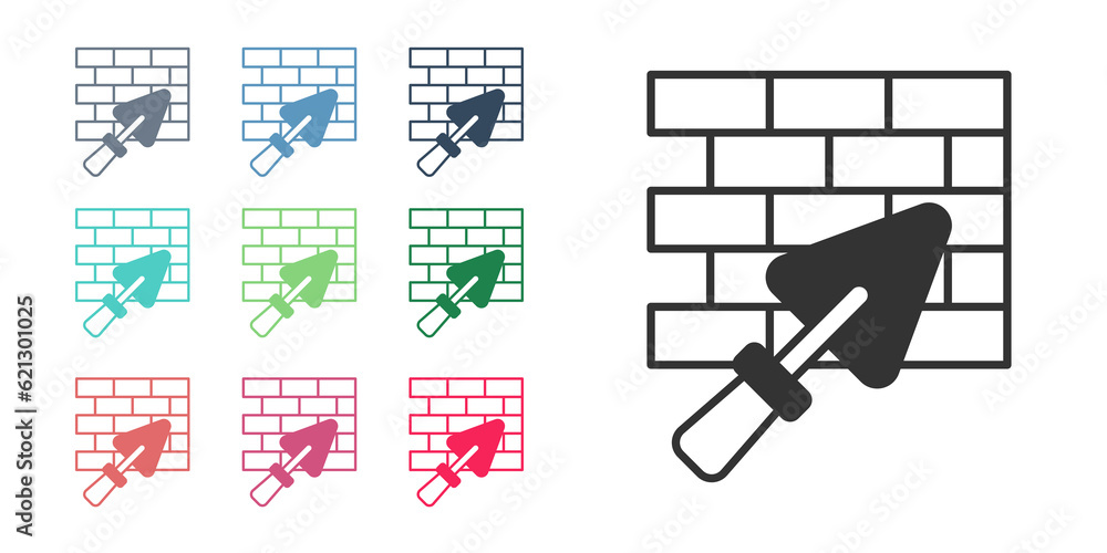 Black Brick wall with trowel icon isolated on white background. Set icons colorful. Vector Black Brick wall with trowel icon isolated on white background. Set icons colorful. Vector