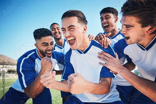 Fototapeta Naklejka Na Ścianę i Meble -  Winner, goal and soccer with team and happiness, men play game with sports and celebration on field. Energy, action and competition, male athlete group and football player cheers with success outdoor
