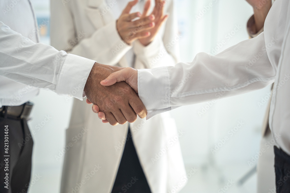 Business people are advising on investment laws and shaking hands after consulting with a joint venture agreement. Business people are advising on investment laws and shaking hands after consulting with a joint venture agreement.