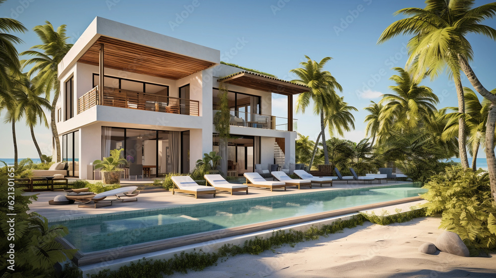 modern villa on the beach, clear skies, midday sun, exterior view, lush tropical landscaping, infinity pool in the foreground modern villa on the beach, clear skies, midday sun, exterior view, lush tropical landscaping, infinity pool in the foreground