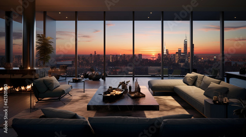 luxury penthouse suite, panoramic view of the city skyline at sunset, modern furniture, warm interior lighting photo