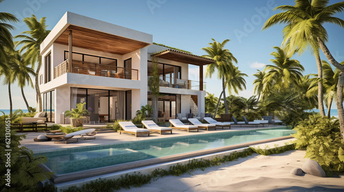 modern villa on the beach, clear skies, midday sun, exterior view, lush tropical landscaping, infinity pool in the foreground