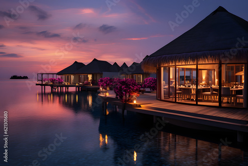 Scenic view of colorful sunset at the maldives island, stunning lighting imagery background. AI Genrated