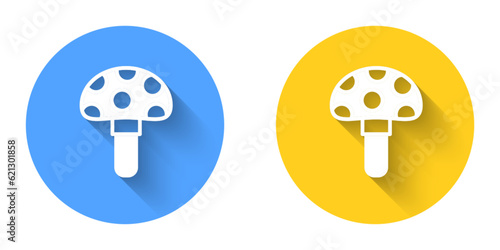 White Psilocybin mushroom icon isolated with long shadow background. Psychedelic hallucination. Circle button. Vector
