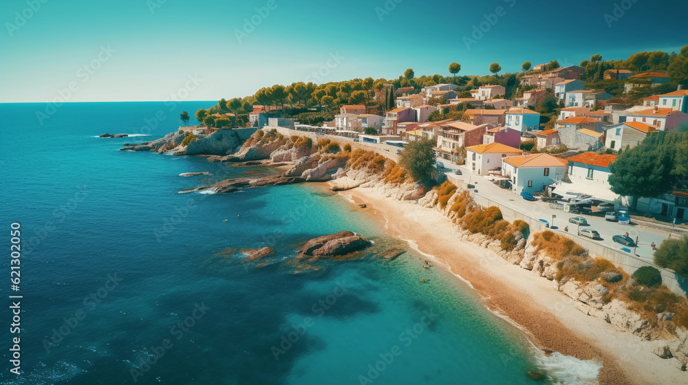 Majestic, photorealistic aerial image of a coastal town, featuring colorful houses, narrow streets, blue sea, shot during midday with bright sunlight