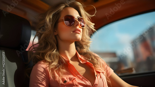 Woman in car on vacation day. Generate by AI © Yasinton