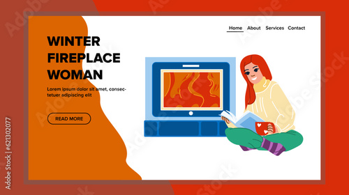 warm winter fireplace woman vector. drink hot, heat cozy, holiday christmas warm winter fireplace woman web flat cartoon illustration