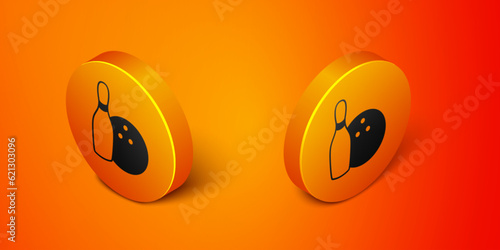 Isometric Bowling pin and ball icon isolated on orange background. Sport equipment. Orange circle button. Vector