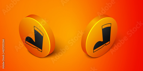 Isometric Waterproof rubber boot icon isolated on orange background. Gumboots for rainy weather, fishing, gardening. Orange circle button. Vector