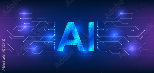 Artificial intelligence technology within a global technological network. With circuit lines forming AI characters connected by circuit boards, it represents the seamless connection
