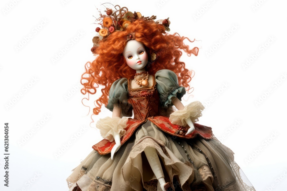Old porcelain doll with beautiful dress. Red haired porcelain doll on white background