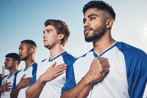 Fotografie National anthem, football team and listening before competition, game or match