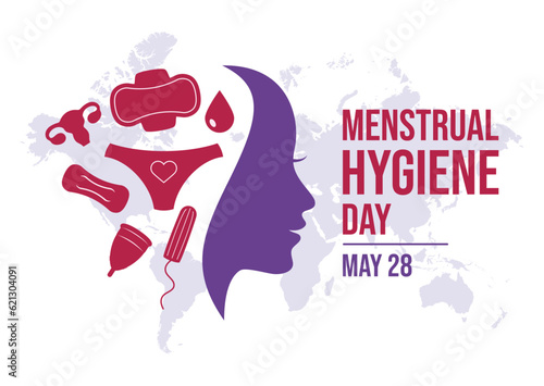 Menstrual Hygiene Day vector illustration. Women's menstrual products icon set vector. Menstrual pad, tampon, cup icons. Young woman face in profile purple silhouette vector. May 28 every year
