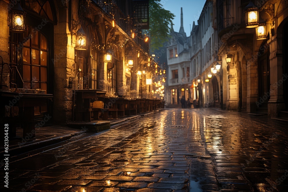 An antique European city center, cobblestone streets wet from a recent rain, reflecting soft lights of nearby lanterns. Generative AI