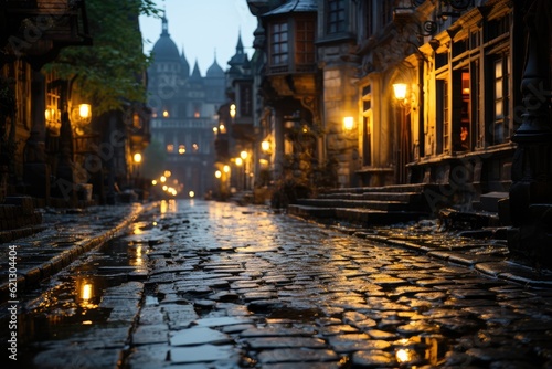 Fototapeta Naklejka Na Ścianę i Meble -  An antique European city center, cobblestone streets wet from a recent rain, reflecting soft lights of nearby lanterns. Generative AI