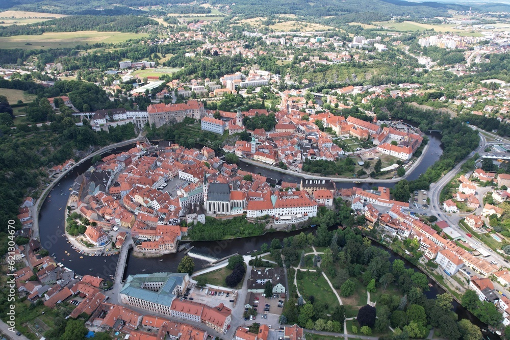 Naklejka premium Cesky Krumlov aerial panorama landscape view, beuatiful cityscape of UNESCO,Central europe,Czech republic-unesco world heritage sites
