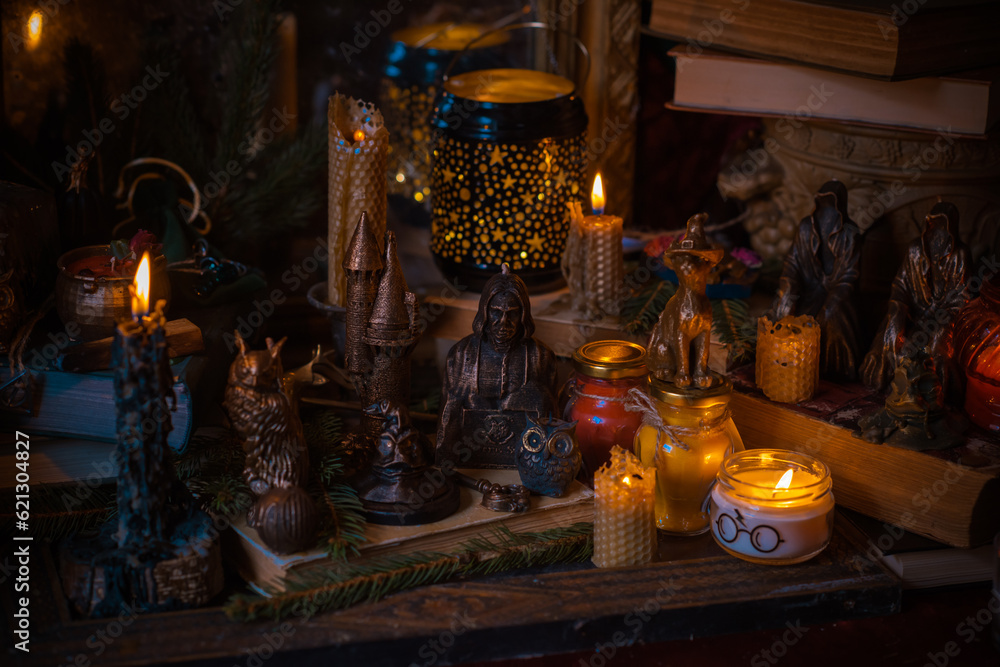 Magical scene, esoteric and wicca concept, fortune telling, witch stuff on a table	