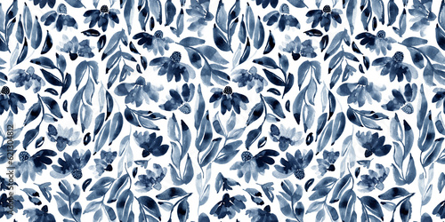 Stampa su tela Watercolor floral in dark blue and white. Seamless pattern.