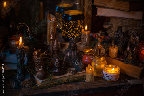 Magical scene  esoteric and wicca concept  fortune telling  witch stuff on a table 