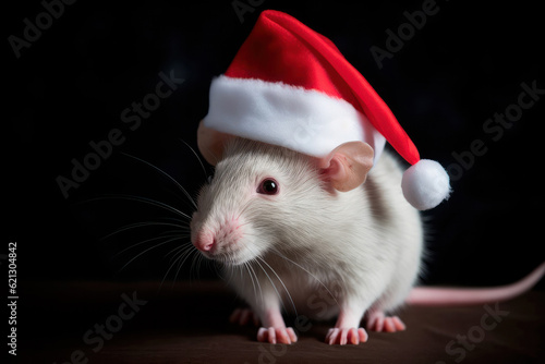 rat in Santa hat on black background. Mouse in Christmas hat looks at place for text. Symbol of the year. chinese horoscope. Calendar. New year 2024. Holiday december  Christmas  Happy New Year