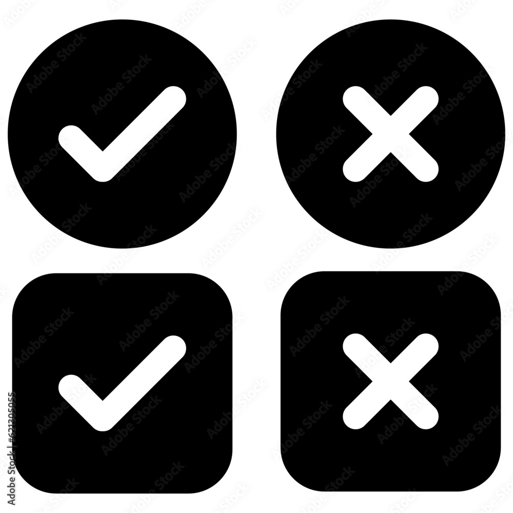 A set of Cross and check mark icons on white background, vector buttons, Black vector check mark icons. Illustration. A set of Cross and check mark icons on white background, vector buttons, Black vector check mark icons. Illustration.