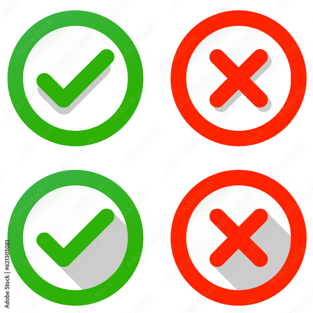 A set of Cross and check mark icons on white background, vector buttons, red and green vector check mark icons. Illustration. A set of Cross and check mark icons on white background, vector buttons, red and green vector check mark icons. Illustration.