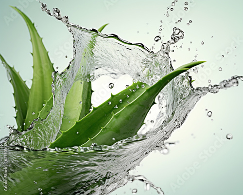 Aloe vera plant leaf with water splash isolated on studio light background. Generative AI