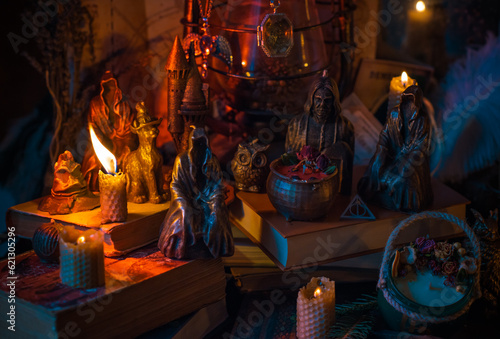 Magical scene, esoteric and wicca concept, fortune telling, witch stuff on a table 