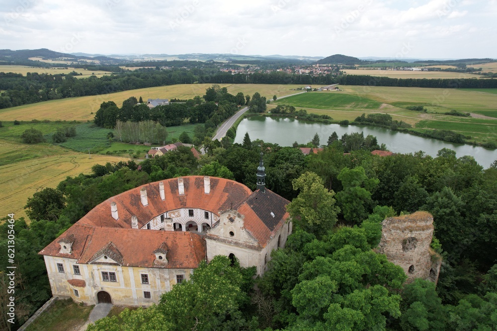 Schloss Strahl,Castle strela (Zamek Strela) aerial panorama view of historical landmark Manor house