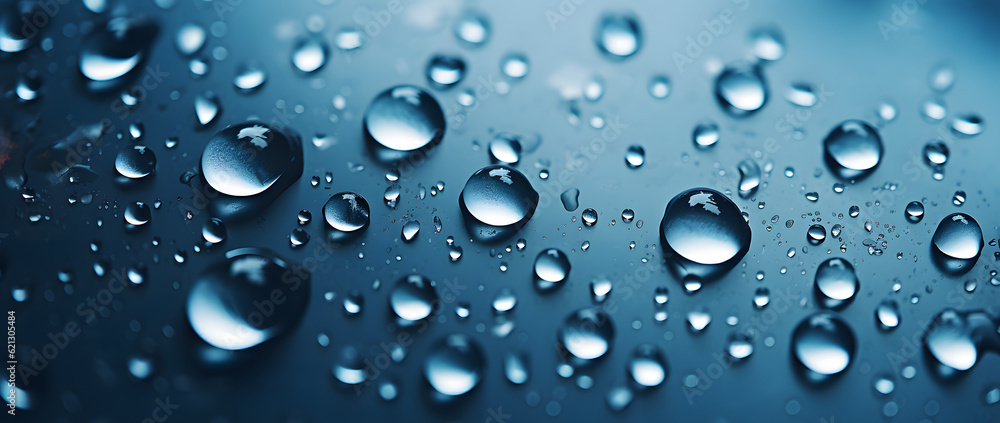 Wet droplets on a blue surface, hyper-realistic details. AI generated.