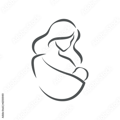 Logo with mother and baby. Stylized outline symbol. Motherhood, love, mother care, woman, child, baby sling. Silhouette, icon logo sign Vector illustration