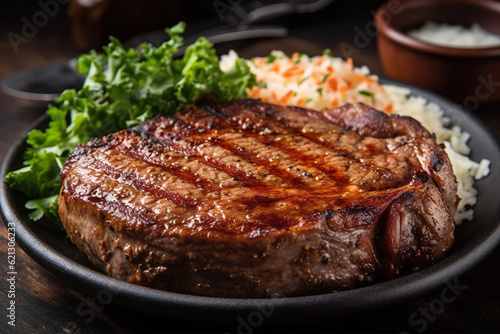 Beef steak barbecue, bife, contrafiet, bife com arroz, bbq steak on a white plate on a rustic wooden background, rice and salad. brazilian food. generative ai