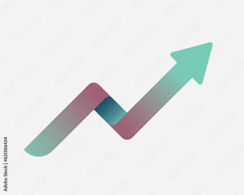 Upward direction arrow vector graphic icon showing business growth bar graph. Folded strip like arrow with gradient vector graphic symbol. Upward arrow fintech logo isolated on white background. Upward direction arrow vector graphic icon showing business growth bar graph. Folded strip like arrow with gradient vector graphic symbol. Upward arrow fintech logo isolated on white background.