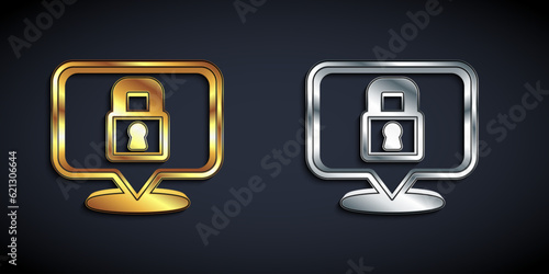 Gold and silver Lock icon isolated on black background. Padlock sign. Security, safety, protection, privacy concept. Long shadow style. Vector