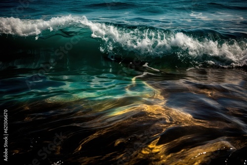 oil spill on the sea, pollution of the ocean. Slick industry oil fuel spilling water pollution. Oil slick on water surface