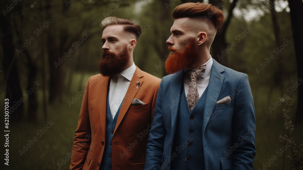 Generative AI, two handsome men in smart suits, wedding, groom, lgbt, gay, family, love, couple guys, romance, joyful emotions Generative AI, two handsome men in smart suits, wedding, groom, lgbt, gay, family, love, couple guys, romance, joyful emotions