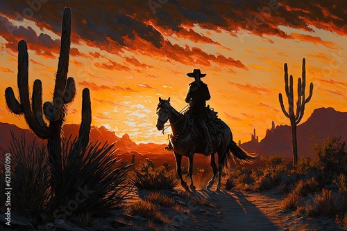 Cowboy on horseback in the desert with cactus and sunset © Олег Фадеев