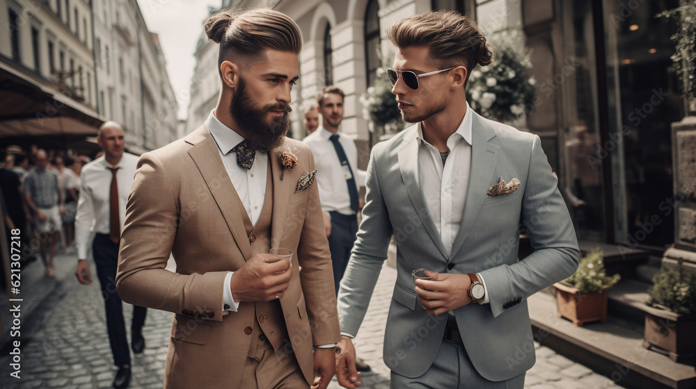 Generative AI, two handsome men in smart suits, wedding, groom, lgbt ...