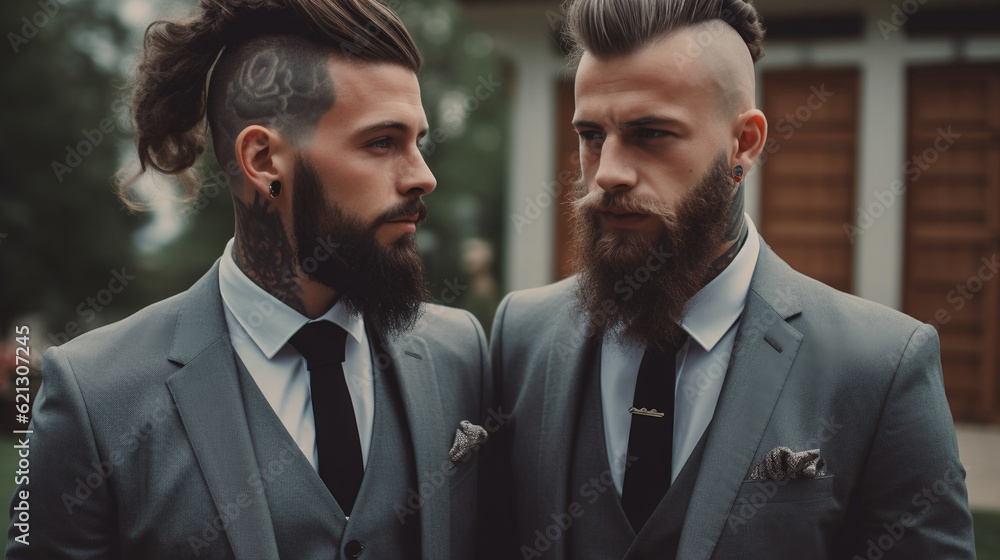 Generative AI, two handsome men in smart suits, wedding, groom, lgbt ...