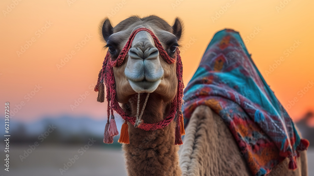A camel wearing a decorative scarf. Camel for tourist travel is on the sand next to the desert. Camel photographed in the desert with cold lighting. Realistic 3D illustration. Generative AI - obrazy, fototapety, plakaty 