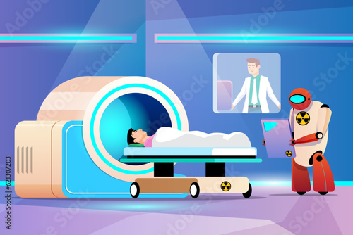 X-ray room robot work with radiation of a magnetic resonance imaging (MRI) scanner machine and doctor. Vector illustration