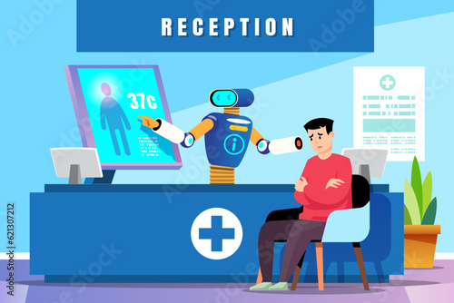 Robot doctor talking to a patient in hospital office. Receptionist at the reception desk. Robot doctor early diagnosis robot. Vector illustration