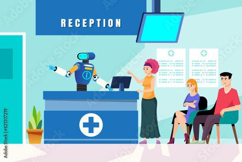 Medical clinic reception vector illustration. Robot doctor and patient sitting at reception desk. Healthcare and medicine. Welcome robots in hospitals for registration