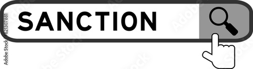 Search banner in word sanction with hand over magnifier icon on white background
