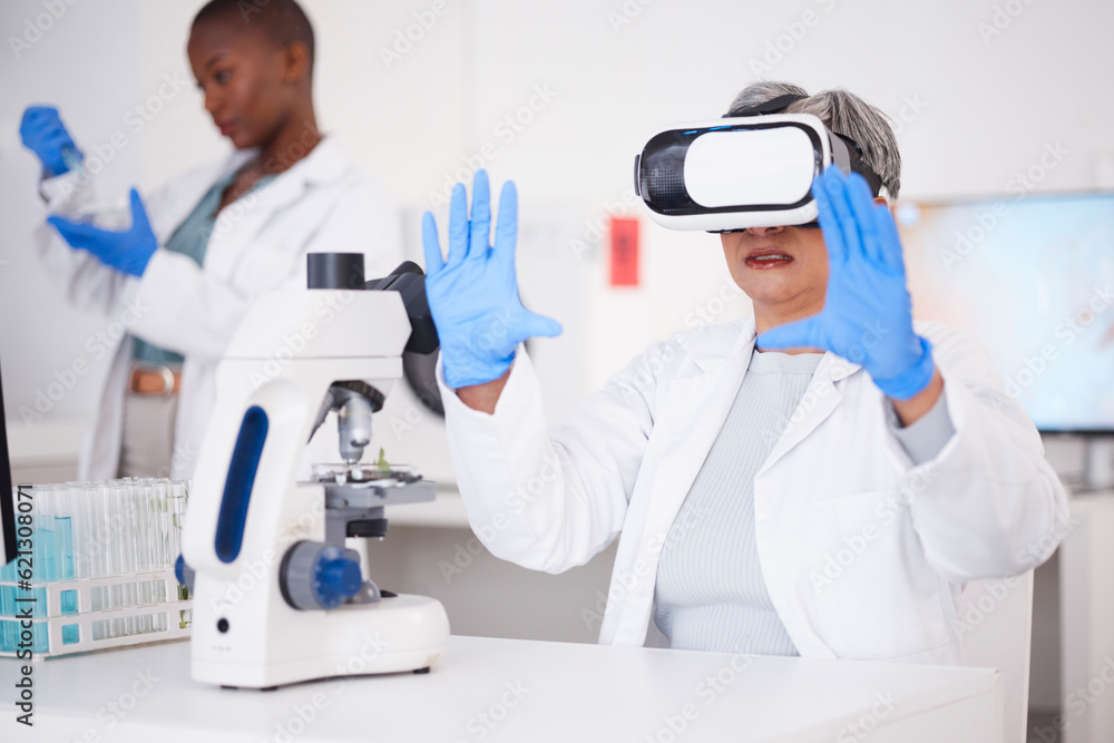 Scientist, woman and virtual reality, futuristic and science study with metaverse, medical research and investigation. Biotech, 3D and female doctor, digital world experience and VR goggles in lab Scientist, woman and virtual reality, futuristic and science study with metaverse, medical research and investigation. Biotech, 3D and female doctor, digital world experience and VR goggles in lab