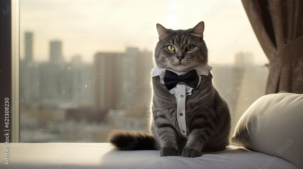 A cat wearing a tuxedo and bow tie. Fancy kitten posing on a windowsill in soft lighting. Funny gray cat. Realistic 3D illustration. Generative AI A cat wearing a tuxedo and bow tie. Fancy kitten posing on a windowsill in soft lighting. Funny gray cat. Realistic 3D illustration. Generative AI